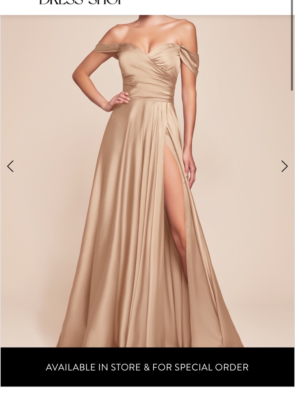 Off-Shoulder Champagne Evening Gown with High Slit